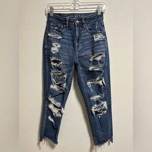 American Eagle Mom Jeans Ripped Dark Blue Jeans with Patterned Pocket